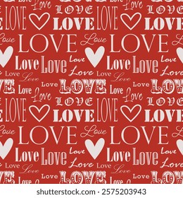 Valentine's Day RED Seamless Pattern, Lettering and hearts style, digital paper