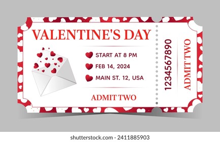 Valentine's Day red ticket template for admit two