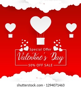 Valentines day red and white background, paper art style, heart in speech bubble with clouds, vector, illustration