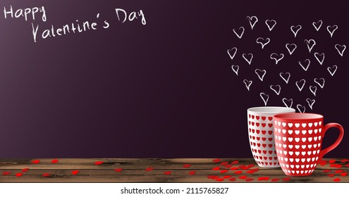 Valentine's Day. Red and white cups, decorated with decorative hearts, on a wooden table. On purple background, hearts are drawn with chalk. Horizontal template design. Vector illustration