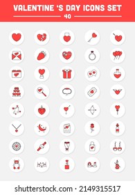 Valentine's Day Red And White Icon Set On Circle Background.