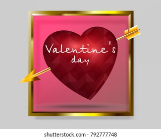 Valentine's Day, red wounded heart with an arrow with gold frame