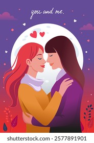 Valentine's day red-purple greeting card. A female couple in love hugs and smiles. February 14, lgbtq women in romantic relationships, hearts, flowers, gradient sky and text "You and me". 
