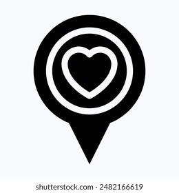 Valentines Day Related Location Pin Heart In Pin, Isolated Silhouette Vector Icon.