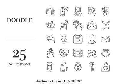 Valentines Day Related Vector Doodle Icons. Contains such Dating App, Love Message, Heart Shaped Box and more.