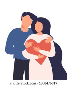 Valentine's day relationships between people. A man hugs a woman who is holding a large red heart. Vector flat illustration about love, trust, care, family on white background