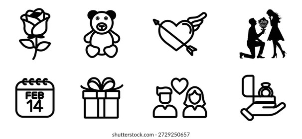 Valentine's Day relationships elegant vector. Valentine’s-Day line icon design. Collection for propose, teddy-bear, love, gift, February 14 celebration. Vector illustration.