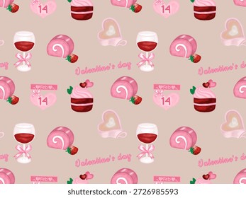 Patrón de repetición del día de San Valentín con el pastel rosado del rollo con las fresas, el cupcake rojo del terciopelo, el vaso de vino rojo, y el caramelo en forma de corazón y el calendario 14 de febrero. Diseño para la tela y el papel de embalaje