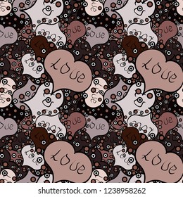 Valentines Day. Repeating texture. Typography lettering poster. Pattern for wrapping. Neutral, black and brown seamless heart pattern. Vector illustration.