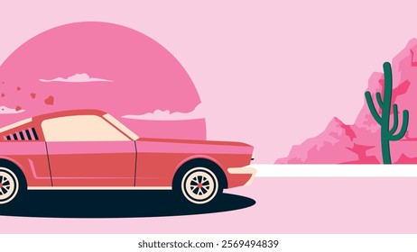 Valentine's Day Retro Car Poster, Mustang 1965 Pink Color, Pink Sunset Wallpaper