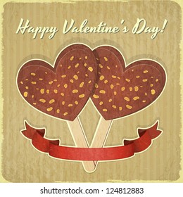 Valentines Day Retro Card. Two Ice Cream in the shape of Hearts on Vintage Background. Vector Illustration.
