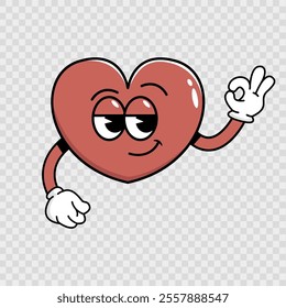 Valentine's Day. Retro character heart showing ok sign. Old animation 60's 70's