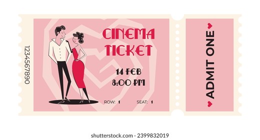 Valentines day retro cinema ticket with beige background. Vector illustration in 60's-70's style of movie session access flyer or coupon.