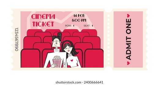 Valentines day retro cinema ticket with beige background. Vector illustration in 60's-70's style of movie session access flyer or coupon.