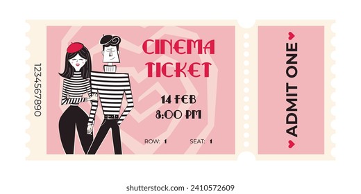 Valentines day retro cinema ticket with beige background. Vector illustration in 60's-70's style of movie session access flyer and coupon.