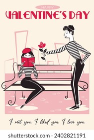 Valentine's Day retro greeting card, poster in style of 60s - 70s. Hand drawn Valentine's day people characters. Isolated vector illustration of mime couple on a date in park. 