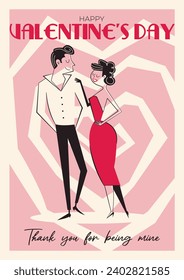 Valentine's Day retro greeting card, poster in style of 60s - 70s. Hand drawn Valentine's day people characters. Isolated vector illustration of flirting couple. 