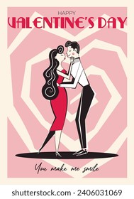 Valentine's Day retro greeting card, poster in style of 60s - 70s. Hand drawn Valentine's day people characters. Isolated vector illustration of flirting couple in love. 