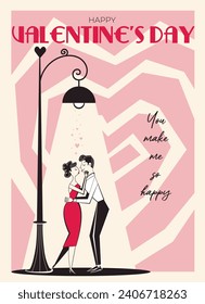 Valentine's Day retro greeting card, poster in style of 60s - 70s. Hand drawn Valentine's day people characters. Isolated vector illustration of flirting couple under the lantern light. 
