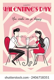 Valentine's Day retro greeting card, poster in style of 60s - 70s. Hand drawn Valentine's day people characters. Isolated vector illustration of flirting couple in cafe. 