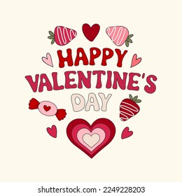 Valentines Day Retro Groovy card design. Banner, flyer in retro 60s 70s vintage aesthetic, typography love banner, vector illustration. Holiday greeting Valentines daycard design, creative concept