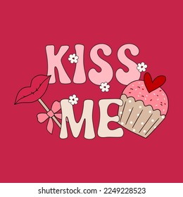 Valentines Day Retro Groovy card design. Banner, flyer in retro 60s 70s vintage aesthetic, typography love banner, vector illustration. Holiday greeting Valentines daycard design, creative concept