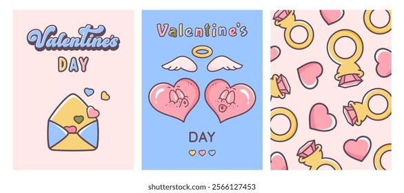 Valentine's day. Retro groovy posters. Valentine hearts with cupid wings, ring wedding pattern, love message. Valentine typography in vintage style. Funny cute characters. Vector flat illustration