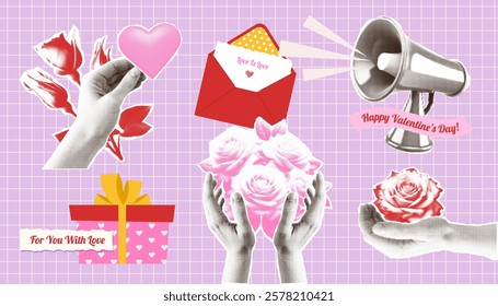 Valentines Day retro halftone style collage stickers set. Trendy art torn paper cutout hands person, heart, megaphone, flowers, envelope with valentine. Holiday 90s pop style elements. Vector