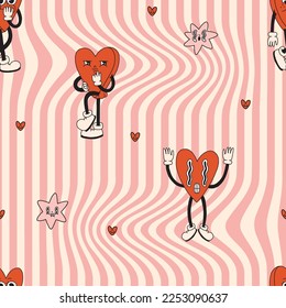 Valentines day retro holiday seamless pattern with funny red hearts shape on pink stripes, 30s cartoon style elements 50s, 60s old animation. Vintage beautiful trendy wrapping paper repeat swatch