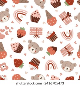 Valentines day retro modern repeating vector background, digital paper, seamless pattern with hand drawn elements and hearts