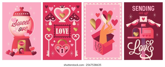 Valentine's day retro nostalgic poster design set. Template for greeting cards, banner, social media and sale marketing