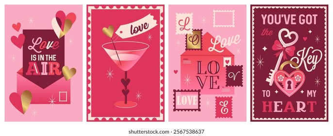 Valentine's day retro nostalgic poster design set. Template for greeting cards, banner, social media and sale marketing