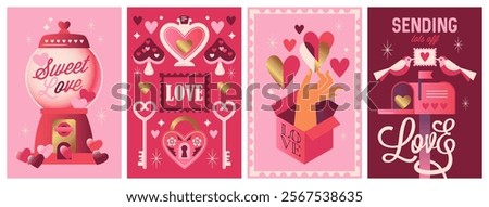 Valentine's day retro nostalgic poster design set. Template for greeting cards, banner, social media and sale marketing