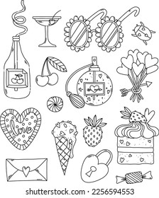 Valentine's day retro pink black outline isolated clipart set for coloring page