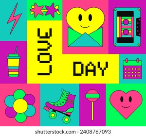 Valentine's Day in retro style. Flat vector illustration for card, banner, poster. Trendy stickers in 1990s.