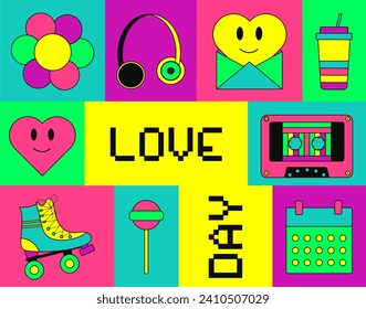 Día de San Valentín en estilo retro. Ilustración vectorial plana para tarjeta, pancarta, afiche. De moda en los años 90.