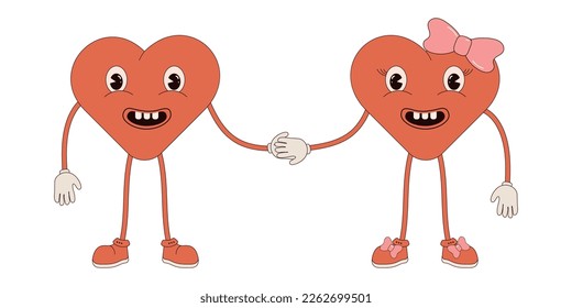 Valentine's day. Retro style Valentine's day. Groovy retro hearts. Valentines day greeting card. Hippie happy hearts in retro cartoon style. 