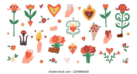 Valentine's Day retro-style clipart set. Decorated hearts, a bunch of flowers, a hand holding the bouquet, and a flaming match, symbols of love. Vector isolated collection.