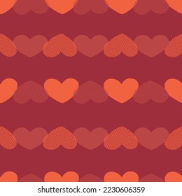 Valentine's day retro-style seamless pattern. Various vintage-style textured hearts on a scarlet background. Vector illustration for wrapping paper, wallpaper, fabric print, and other designs.