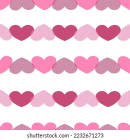 Valentinstag-Retro-Stil nahtlose Muster. Verschiedene, im Vintage-Stil strukturierte Herzen auf Scharlachrotem Hintergrund. Vektorgrafik für Wickelpapier, Tapete, Stoffdruck und andere Designs.