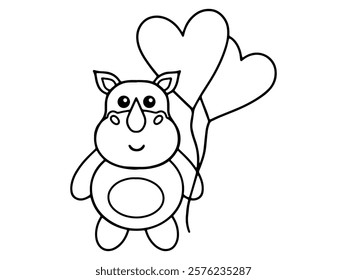 Valentines Day Rhinoceros Holding Balloon Line Art