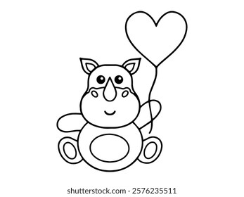 Valentines Day Rhinoceros Holding Balloon Line Art