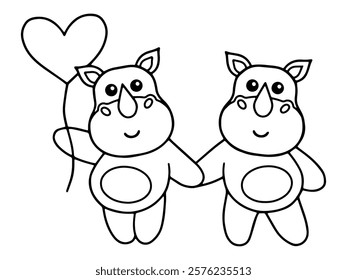 Valentines Day Rhinoceros Holding Balloon Line Art