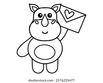 Valentines Day Rhinoceros Holding a Letter Black and White