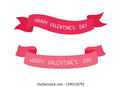 Valentines Day ribbons vector illustrations with typography set. HAPPY VALENTINE`S DAY pink badges on white background.