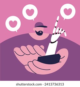 Valentine's Day. Robot with AI helps a person congratulate people on the holiday. Flat vector illustration.