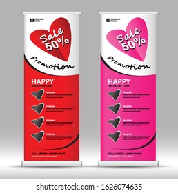 Valentine's day Roll up banner stand template, Pull up, display, advertisement, business flyer, poster, presentation, corporate, web banner, vector illustration