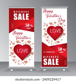 Valentines day roll up for promotion, pull-up banner simple design, Valentine's day Roll up banner stand template, Pull up, display, sale 50 up to off,