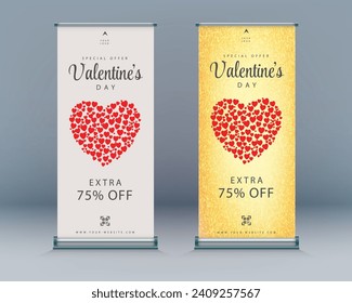 Valentines day roll up,pull up banner simple design. Illustration. Offer. Golden. 
