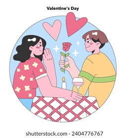 Valentine's Day Romance. A couple shares a moment of love with a rose and wine, surrounded by hearts. Flat vector illustration